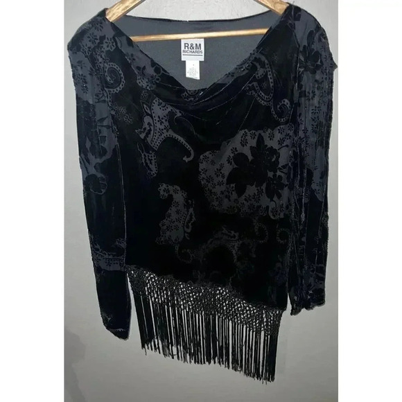 R&M Richards Tops - R&M Richards Women’s Black Velour Fringed Blouse Size 14